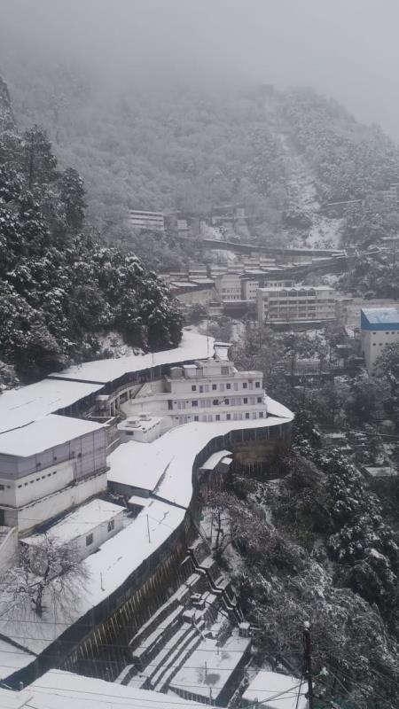 Glimpses from Bhawan after it receives fresh snowfall on 21/01/2020. In spite of the cold wave conditions and snowfall, thousands of pilgrims were making a beeline for the cave shrine  of Shri Mata Vaishno Devi.