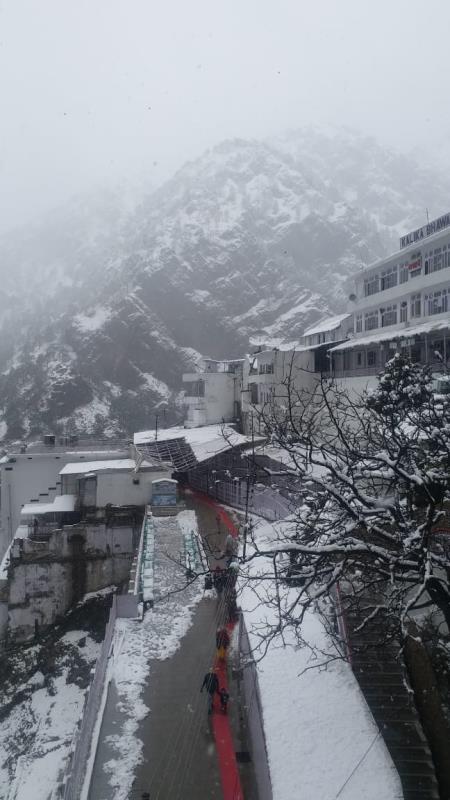 Glimpses from Bhawan after it receives fresh snowfall on 21/01/2020. In spite of the cold wave conditions and snowfall, thousands of pilgrims were making a beeline for the cave shrine  of Shri Mata Vaishno Devi.